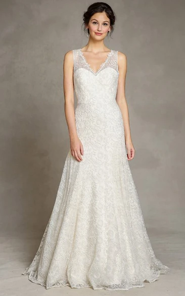 V-Neck Lace Floor-Length Wedding Dress Romantic Bridal Gown