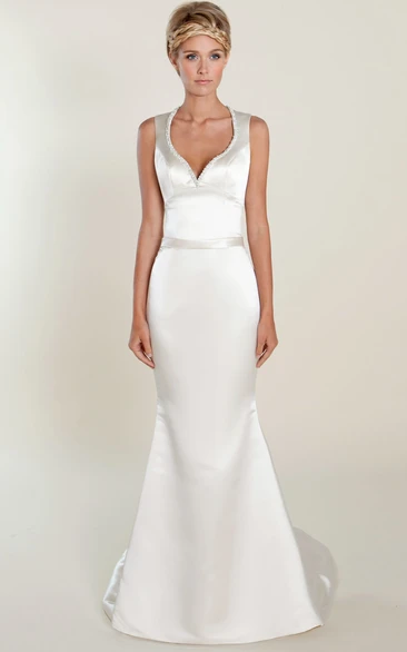 Satin V-Neck Beaded Wedding Dress with Keyhole Back Sleeveless Sheath Floor-Length