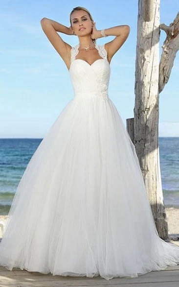 Appliqued Tulle Floor-Length Wedding Dress with Straps Classic Bridal Gown