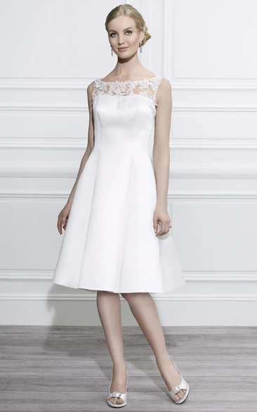 Knee-Length Satin Wedding Dress with Illusion Bateau Neckline