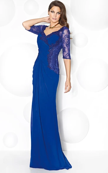 Sheath Mother Of The Bride Dress with V-Neck and Half Sleeves in Appliqued Chiffon