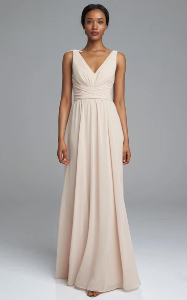 V-Neck Chiffon Bridesmaid Dress with Ruched Sleeveless Dress