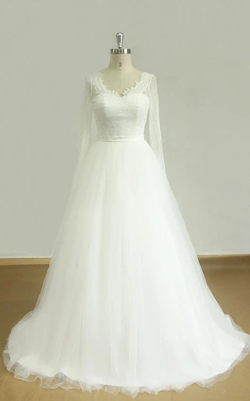 Beaded V-Neck Tulle and Satin Wedding Dress with Long Sleeves