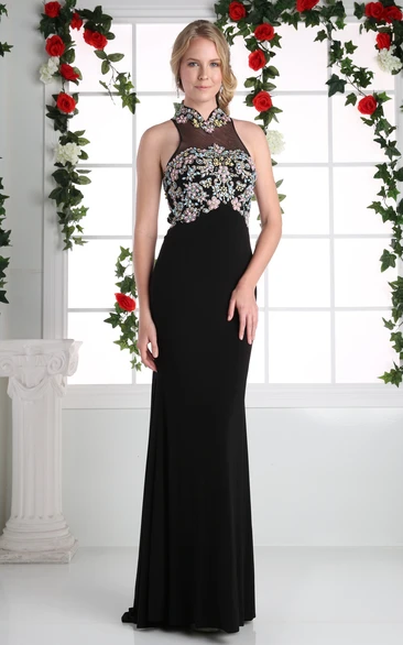 Sleeveless Jersey Illusion Formal Dress With Beading and Keyhole
