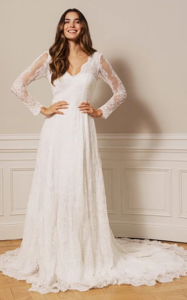 Sexy Lace A-Line Wedding Dress with Long Sleeves Deep-V Back and Court Train