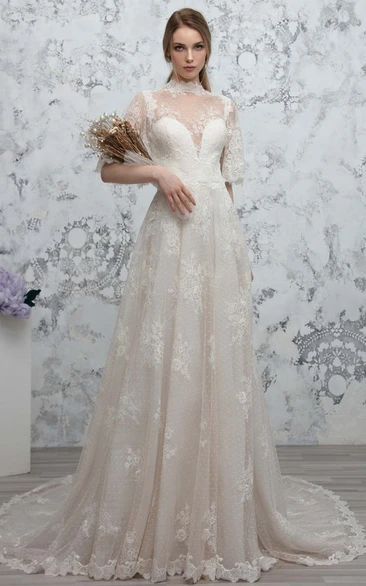 Lace High Neck A-Line Wedding Dress with Ruching Ethereal & Modern