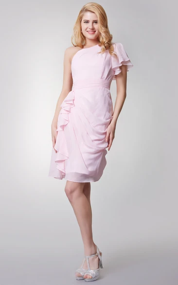 One Sleeve Chiffon Ruffled Bridesmaid Dress Short & Classy