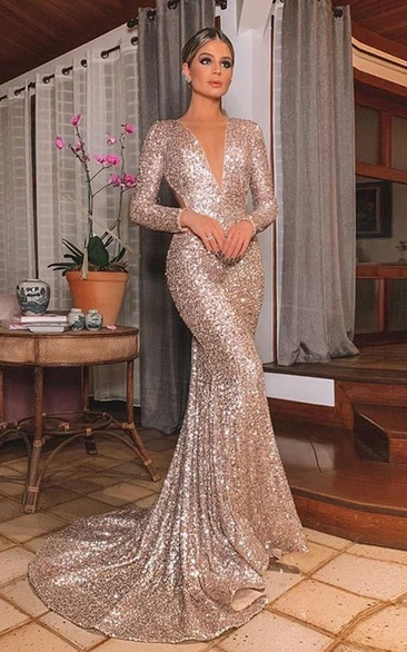 Long Sleeve Mermaid Evening Dress with Plunging Neckline Formal Prom Gown