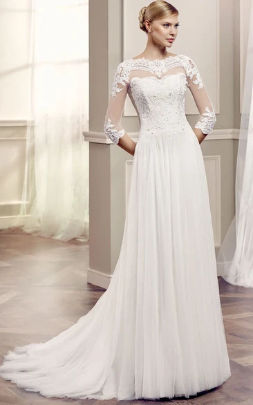 Half Sleeve Tulle Bateau Wedding Dress with Beaded Details Classy Bridal Gown