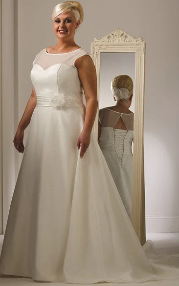 Organza Cap Sleeve Wedding Dress with Illusion Jewel Neckline and Lace Up