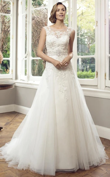 A-Line Lace and Tulle Wedding Dress with Jewellery and Pleats Modern Bridal Gown