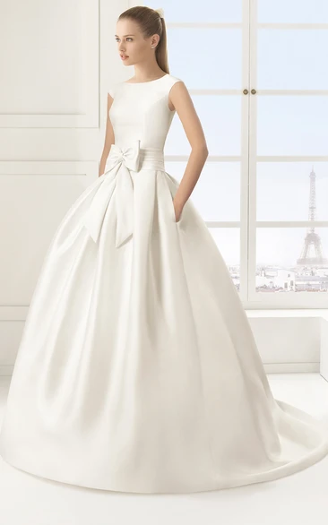 Satin Ball Gown with Bow Sash Sleeveless and Angelic