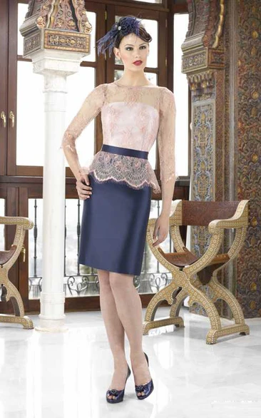 Lace Short Mother Of The Bride Dress with 3-4 Sleeves and Jewel Neck