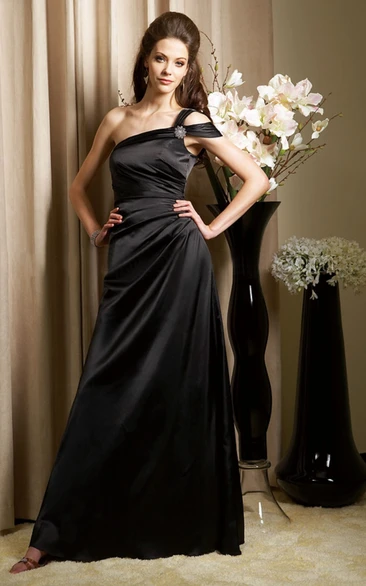 One-Shoulder Taffeta Gown with Brooch and Ruches Bridesmaid Dress