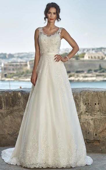 Sleeveless A-Line Lace Wedding Dress Scoop-Neck & Floor-Length