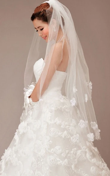 Flower Applique Tulle Wedding Veil Double Layered