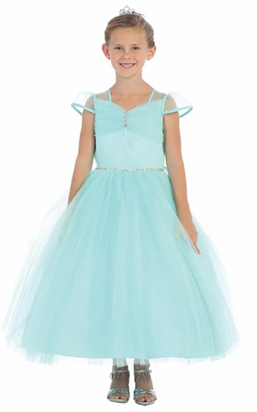 Ruched Tiered Tulle Flower Girl Dress Ankle-Length