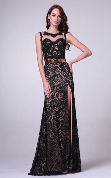 Jewel-Neck Lace Illusion Sheath Dress with Split Front for Prom