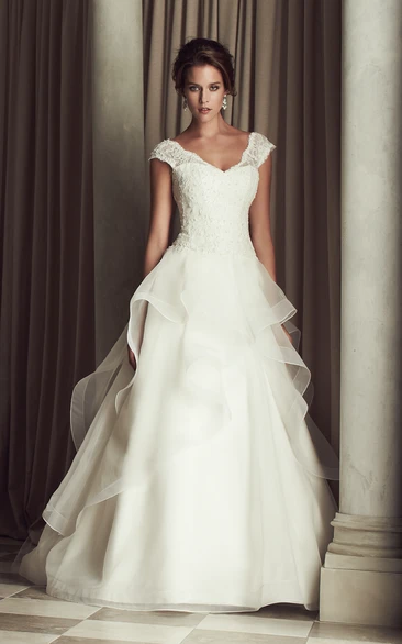 Lace Bodice Cap Sleeve A-Line Wedding Dress