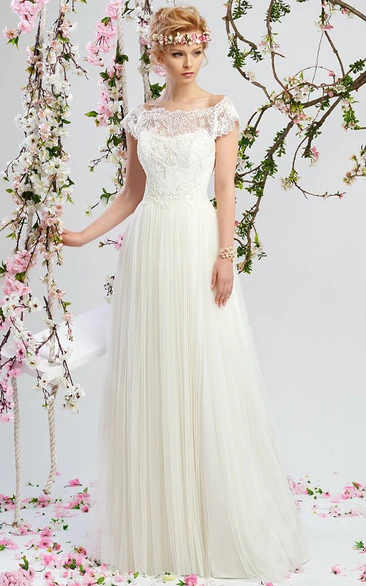 Short-Sleeve Tulle and Lace Wedding Dress with Floor-Length Classy Bridal Gown