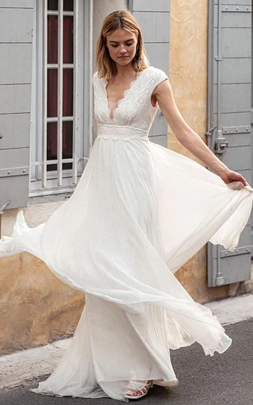 Boho V-neck Chiffon Lace Wedding Dress with Short Sleeves and Low-V Back Beach Wedding Dress