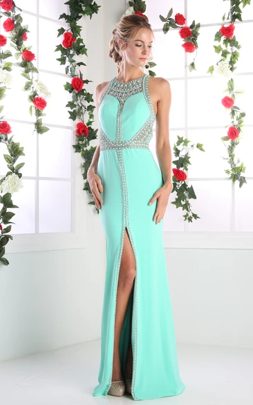 Jersey Sheath Dress with Straps and Split Front Flowy Sleeveless Formal Dress