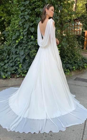 Chiffon V-neck A-line Wedding Dress with Court Train and Ruching Casual Wedding Dress