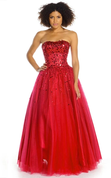 Sequined A-Line Strapless Tulle Prom Dress with Lace-Up Back Elegant Prom Dress