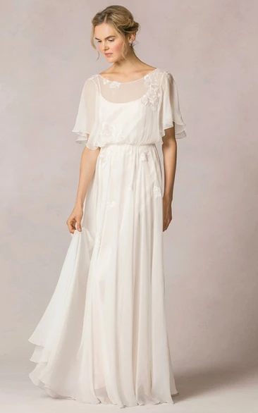 Scoop-Neck Chiffon Wedding Dress with Poet-Sleeves Sheath Floor-Length Appliqued