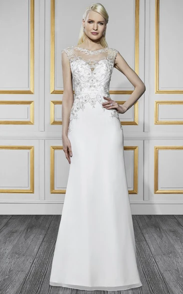 Sleeveless Sheath Jewel-Neck Satin&Tulle Wedding Dress with Embroidery and Illusion