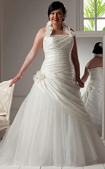 Halter Floral Taffeta Bridal Dress with Tulle Skirt and Lace-Up