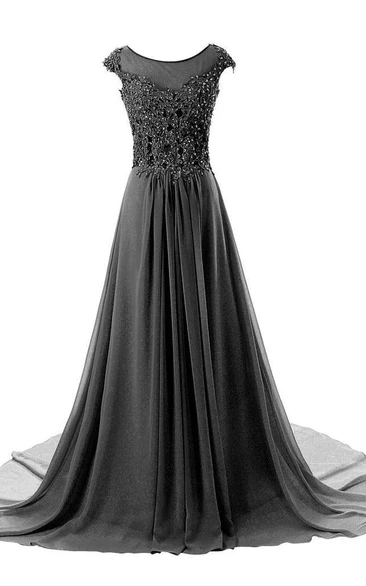 Cap-sleeved A-line Beaded Formal Dress with Flowy Skirt