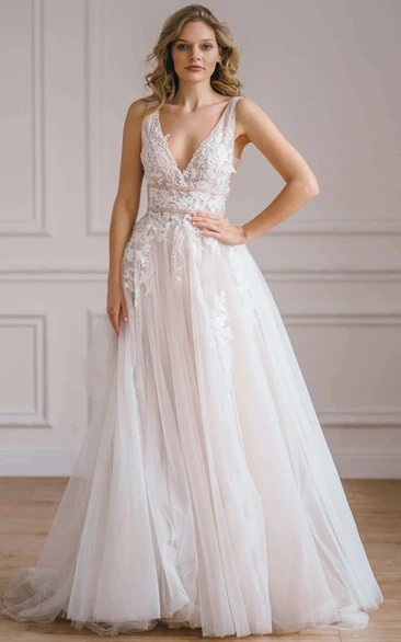 Tulle V-Neck A-Line Wedding Dress with Floor-Length & Bow