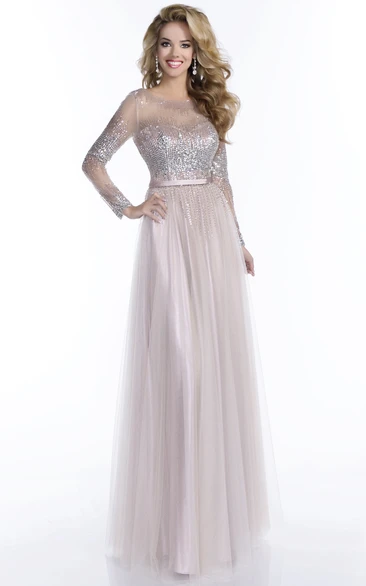 Sequined A-Line Tulle Prom Dress with Long Sleeve Keyhole Back