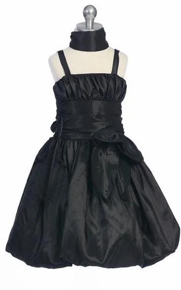 Taffeta Split-Front Flower Girl Dress Tea-Length Straps Bowed