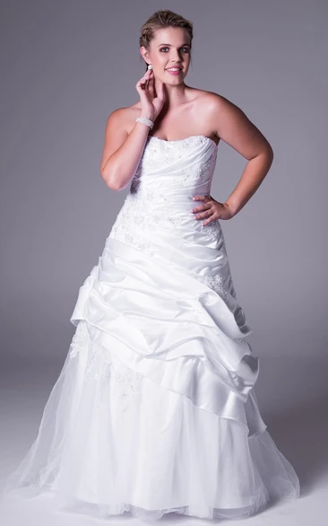 Plus Size Satin Wedding Dress with Pick Up and Appliques Strapless A-Line