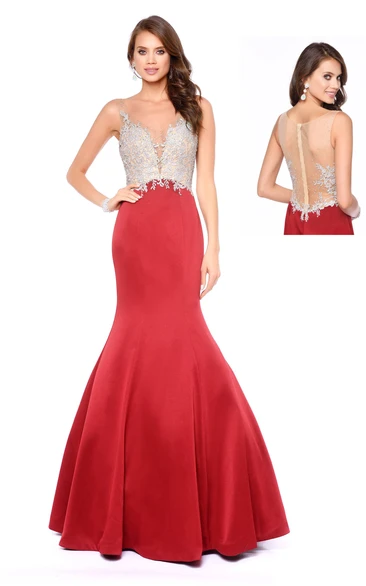 Sleeveless Mermaid Satin Formal Dress with Illusion and Appliques