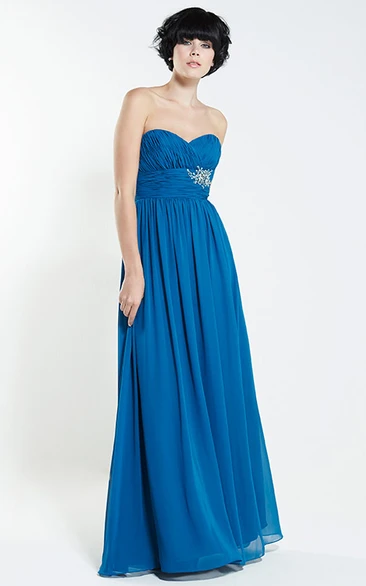 Sweetheart Chiffon Bridesmaid Dress with Ruched Bodice and Broach Floor-Length