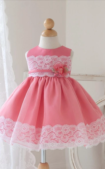 Appliqued Floral Lace and Organza Tea-Length Flower Girl Dress with Sash Modern Dress