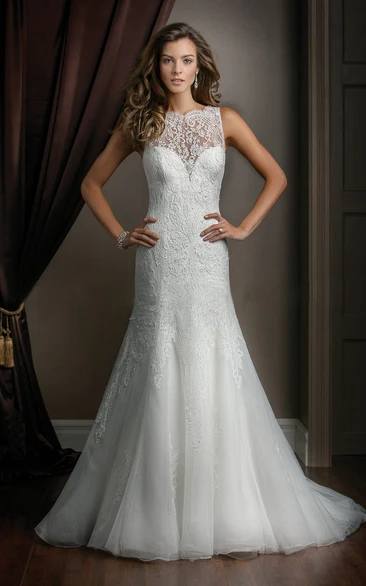 Appliqued Mermaid Wedding Dress with Sleeveless High Neck and V-Back