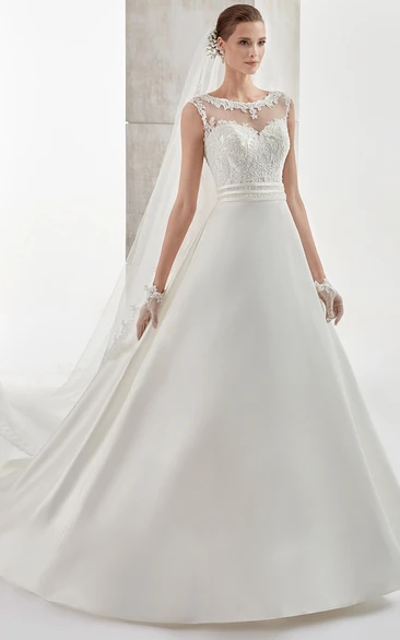 Lace Bodice Cap-Sleeve A-Line Wedding Dress with Brush Train Elegant Bridal Gown