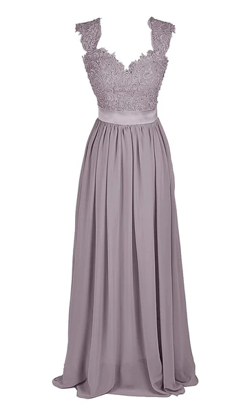 Lace Bodice Cap-Sleeve Formal Dress with Sash