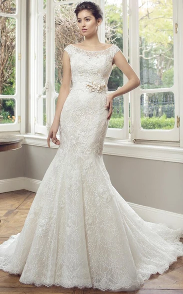 Illusion Cap-Sleeve Lace Wedding Dress Mermaid Scoop-Neck Style