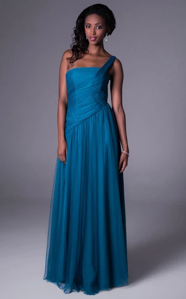 One-Shoulder Ruched Tulle Bridesmaid Dress Flowy Floor-Length Dress