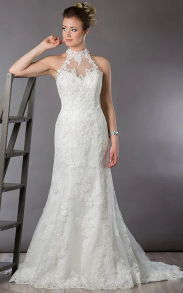 Sheath Wedding Dress with Allover Lace High Neck and Illusion Back