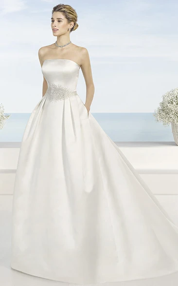 Strapless Satin Wedding Dress with Brush Train and V Back in Floor-Length