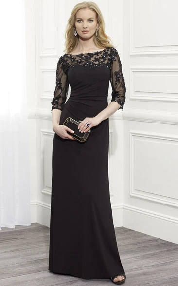 Jersey Sheath Dress with Beaded Bateau Neck and Half Sleeves for Formal Events