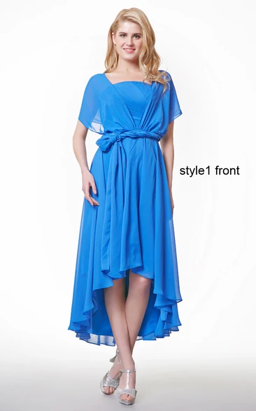 High Low Chiffon Bridesmaid Dress with Ruffles and Sash Short Sleeve