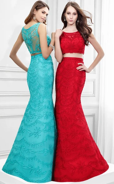 Lace Mermaid Sleeveless Prom Dress with Applique