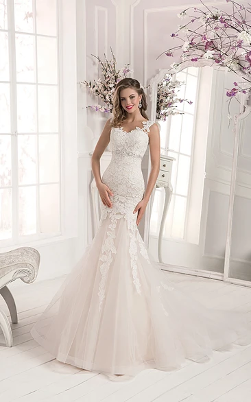Crystal Detailing Lace&Tulle Mermaid Wedding Dress with Illusion Back